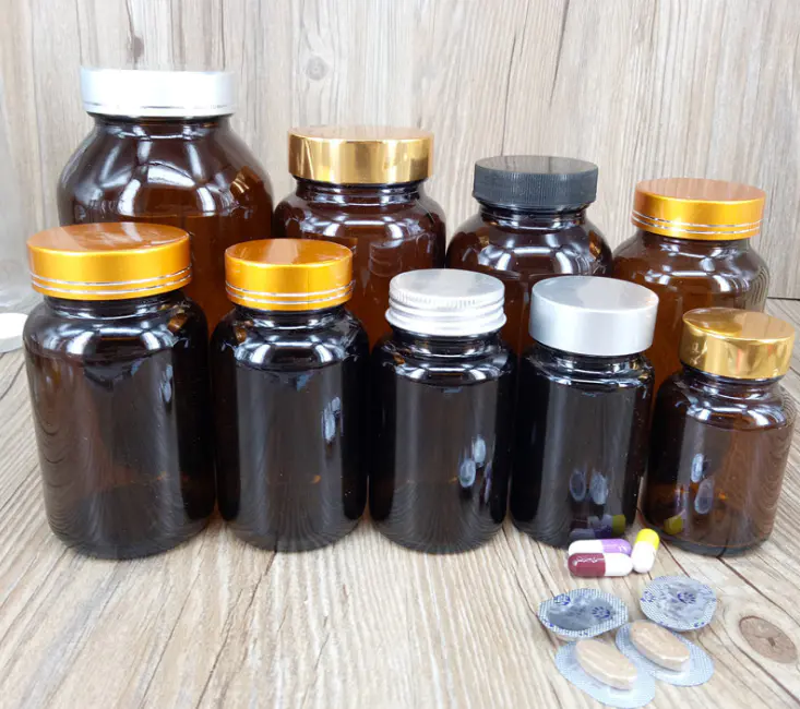large bouche vide Flacons de pharmacie ambre Flacon en verre médical pharmaceutique avec couvercles à vis en plastique blanc