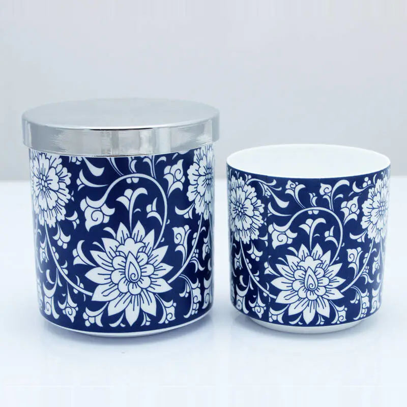 custom pattern white candle jars ceramic candle holder with metal lid