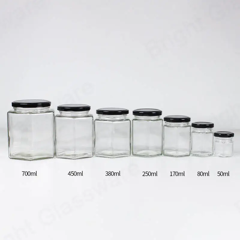 700ml 450ml 380ml 250ml 170ml 80ml 50ml hexagon shaped glass honey jar with black metal lid 