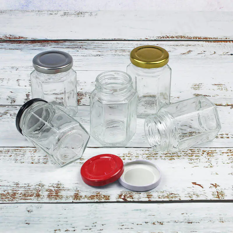 hexagon glass jar for honey,jam,canning food with screw metal cap wholesale