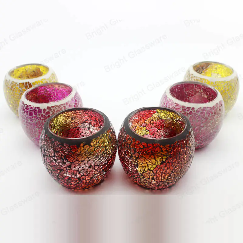 unique mixed color romantic European style glass candle holder ball shape mosaic candle jars wholesale for wedding and home