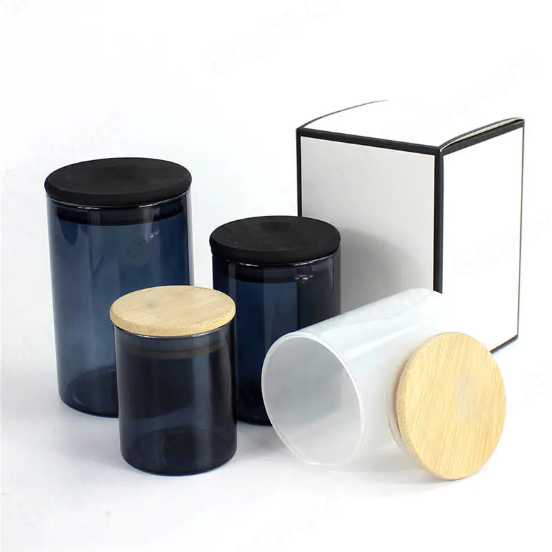 high quality elegant cylinder blown glass candle holders blue/white with wooden lid and packaging box