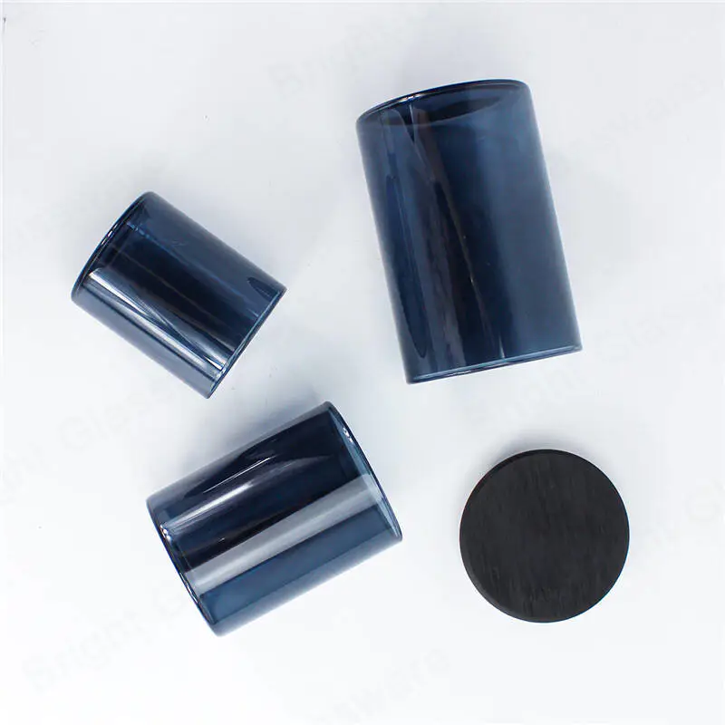 high quality elegant cylinder blown glass candle holders blue/white with wooden lid and packaging box
