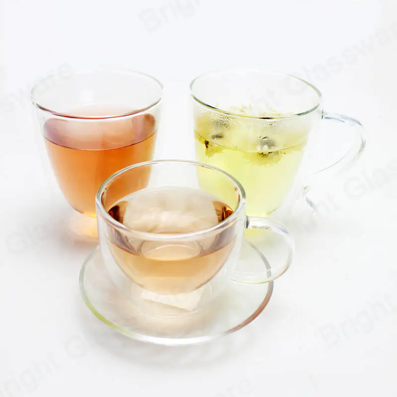 reusable insulated espresso tea borosilicate double wall glass mug with handle and saucer