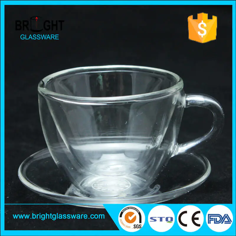 handmade high borosilicate pyrex glass coffee double wall tea cup and saucer set