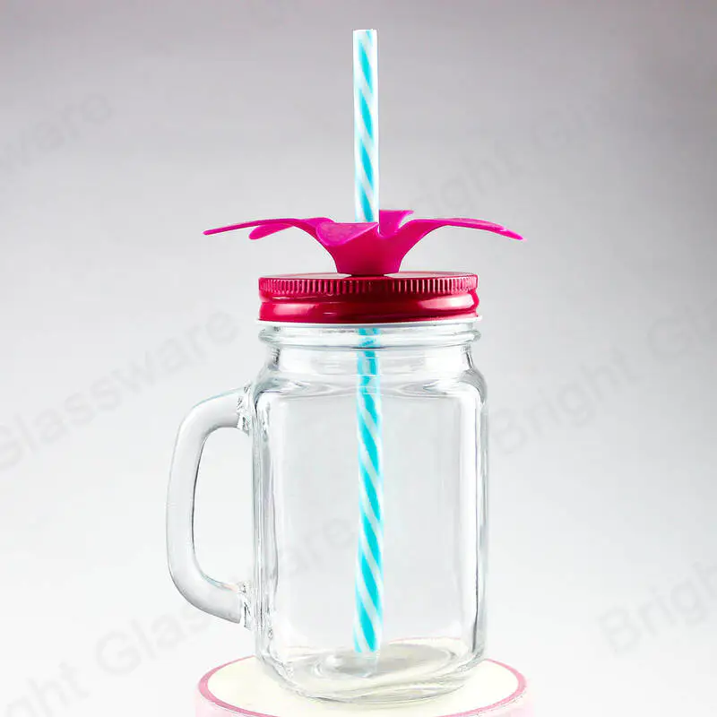 square drinking glass mason jar with handle and tin iron lid and straw