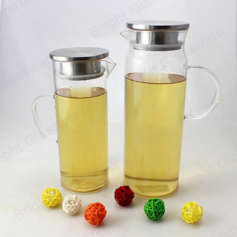 1.3L 1.5L food grade heat resistant high borosilicate glass pitcher with stainless steel lid and packaging box