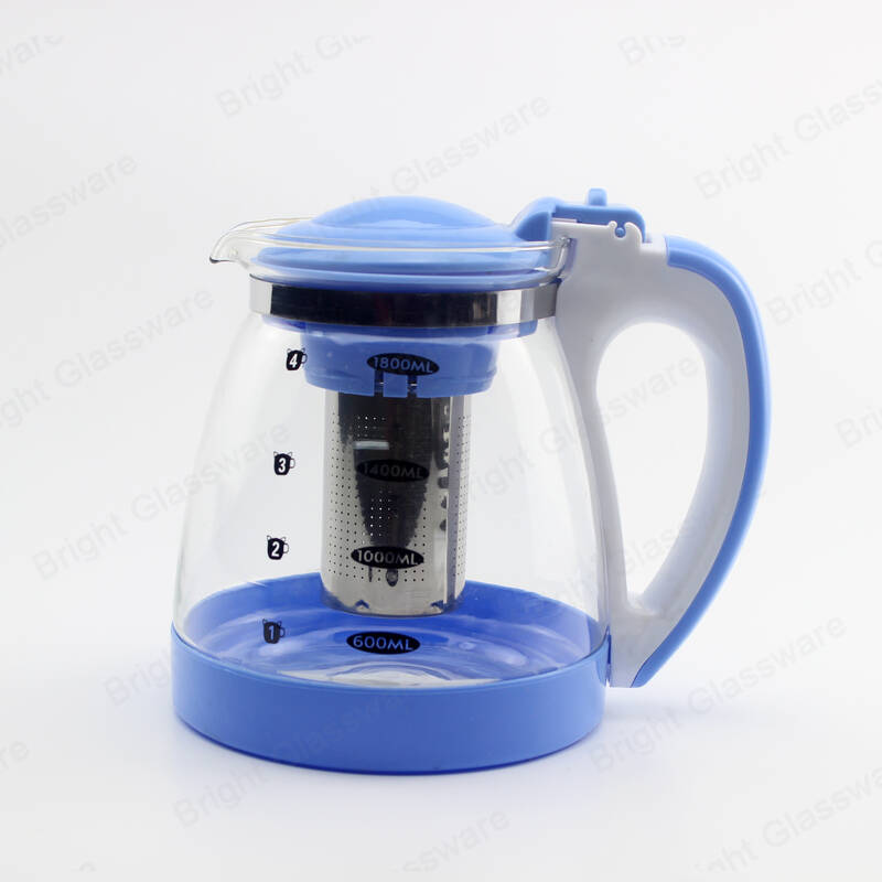 large capacity 1800ml big handle blue kettle glass teapot with stainless steel infuser