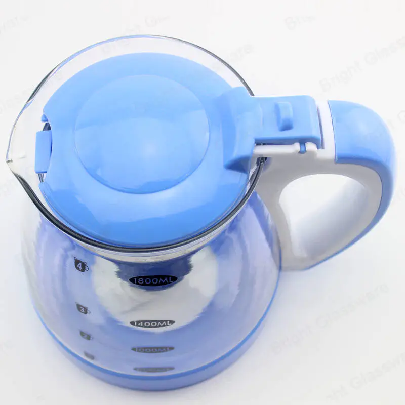 large capacity 1800ml big handle blue kettle glass teapot with stainless steel infuser