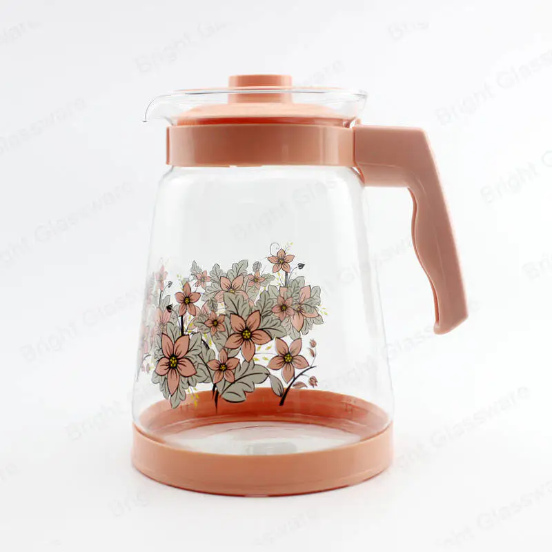 2.5L 2L tea coffee water glass jug with decal printing logo glass teapot with plastic handle