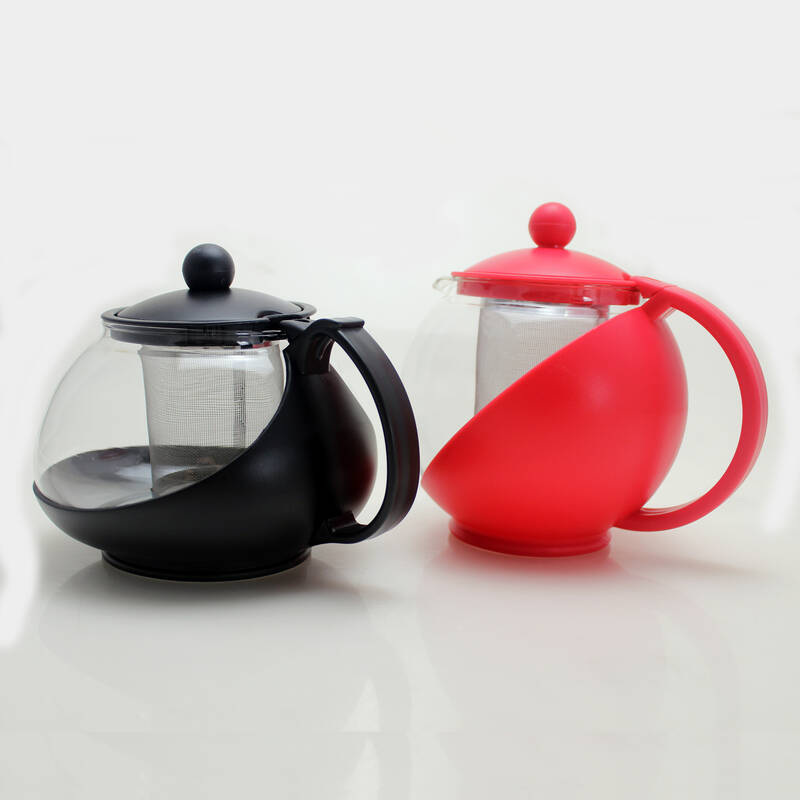 Hervidor de té de vidrio resistente al calor rojo negro de 750 ml con mango de plástico e infusor de colador de acero inoxidable al por mayor