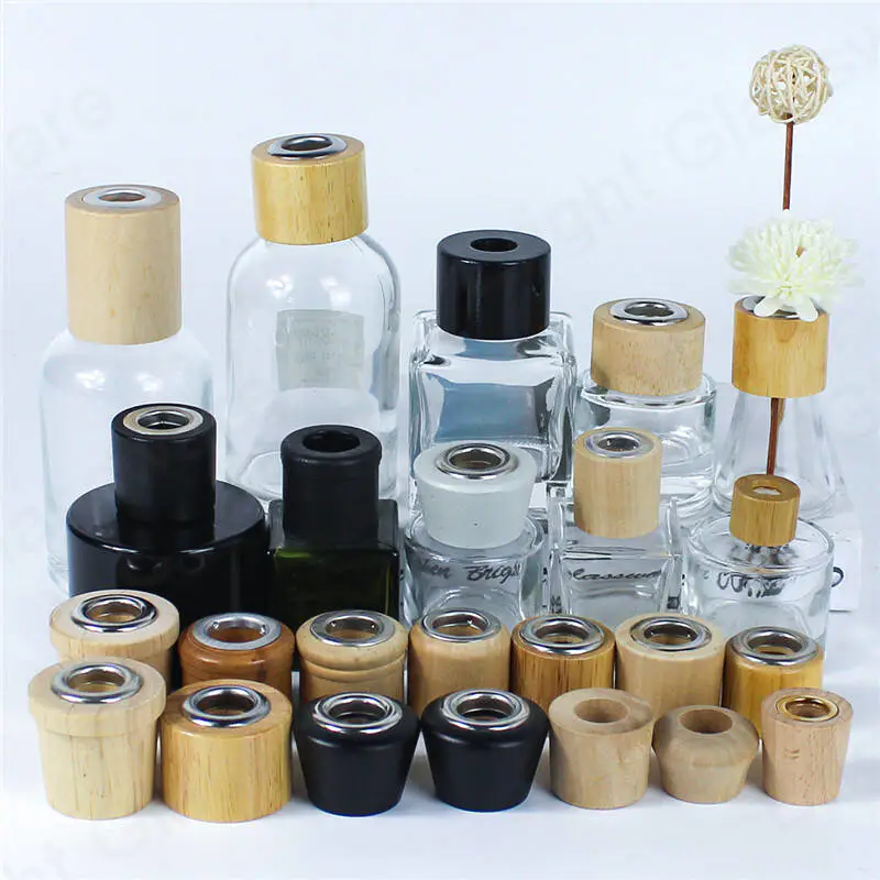 China factory natural wooden cap reed diffuser for home perfume glass bottle   