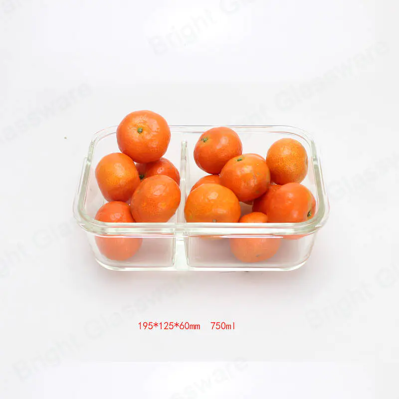rectangle 2 compartment divided food container glass baking dish with divider and airtight locking lid