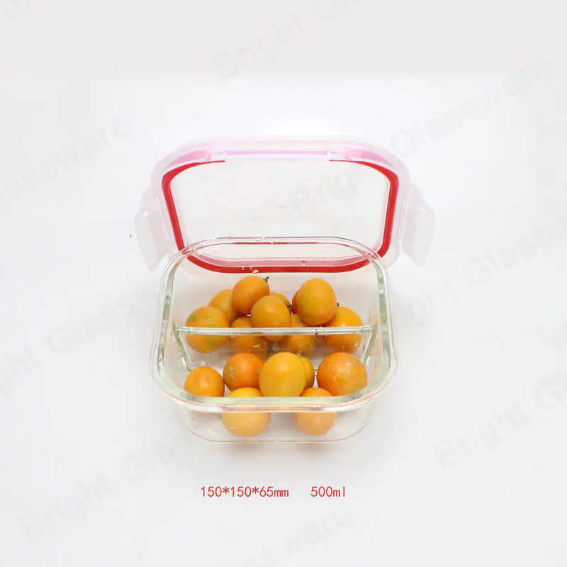 rectangle 2 compartment divided food container glass baking dish with divider and airtight locking lid