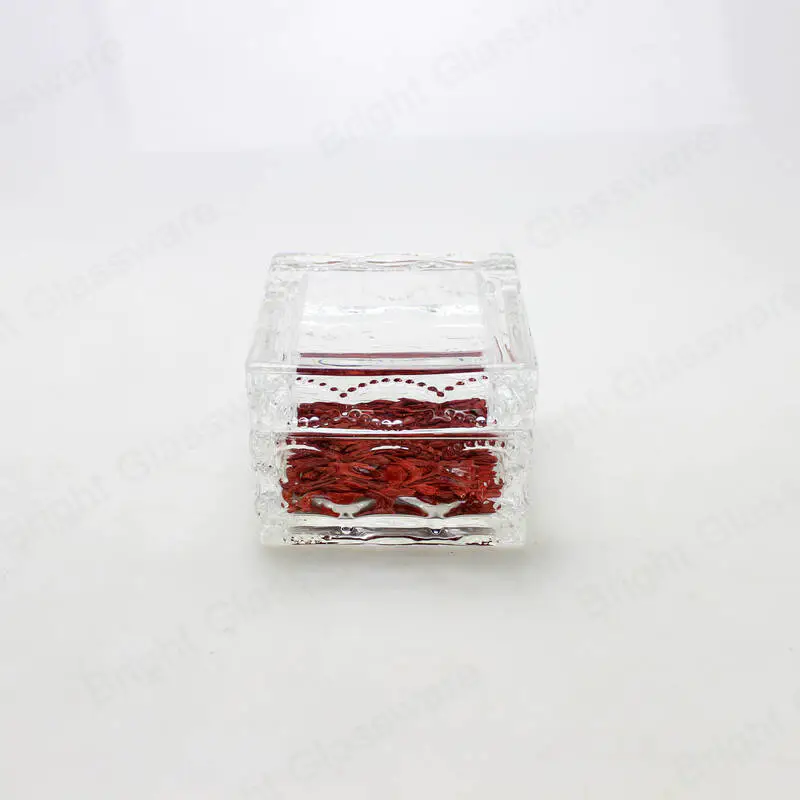 Pequeño frasco de caramelo de vidrio cuadrado transparente de cristal con tapa de vidrio