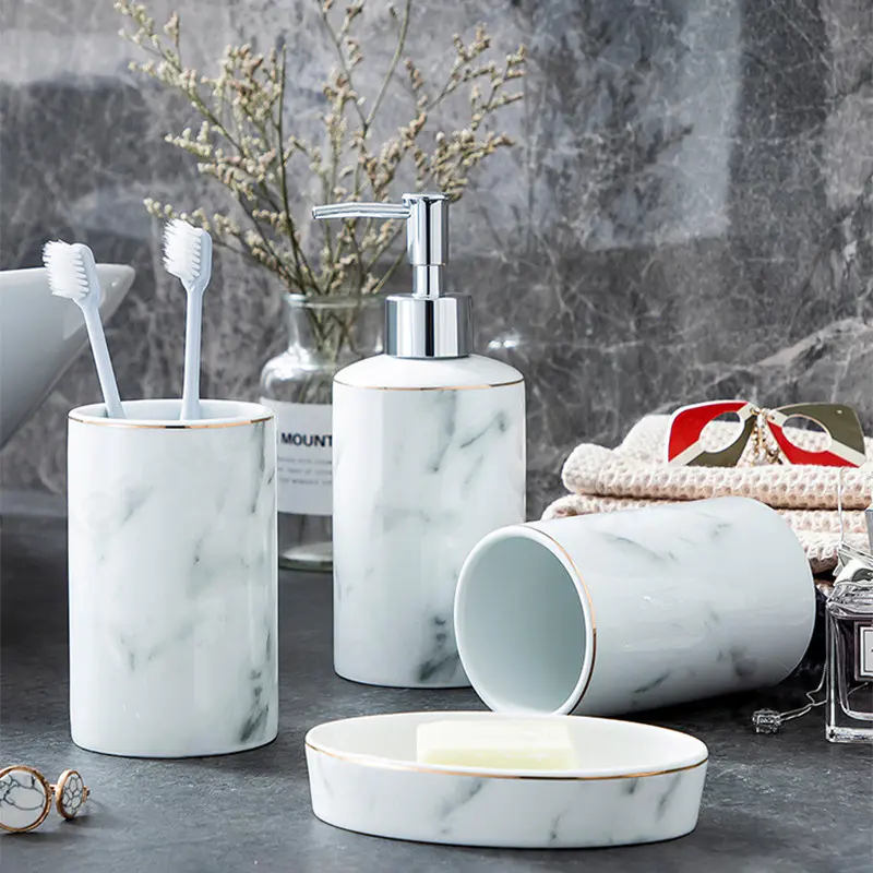 best-seller bain ménager accessoires en porcelaine effet marbre 4 Pcs ensemble de salle de bain en céramique