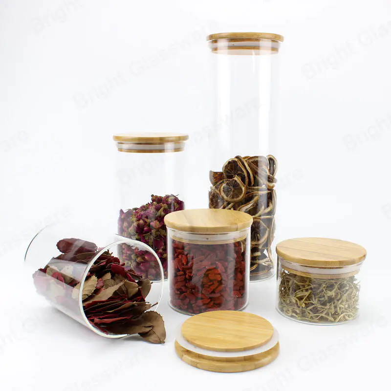 пользовательский различный размер прозрачный круглый хранение пищевые конфеты печенье высокое борисиликатное стекло банка с бамбуковой крышкой