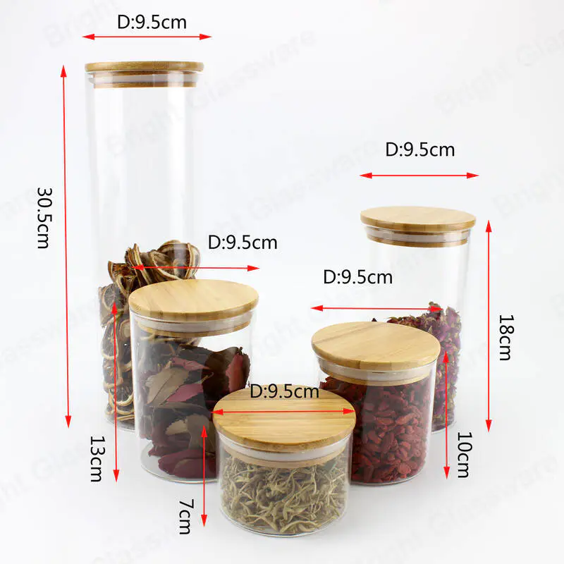 定制不同尺寸的透明圆形存储食品糖果饼干高硼硅酸盐玻璃罐，带竹盖