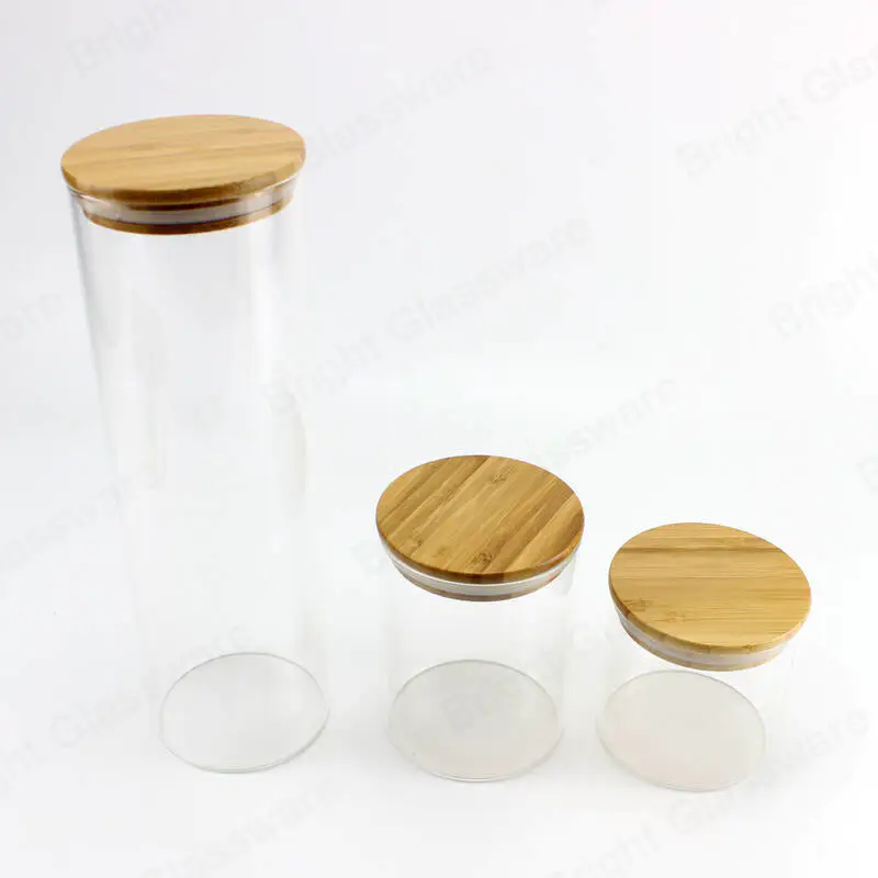 定制不同尺寸的透明圆形存储食品糖果饼干高硼硅酸盐玻璃罐，带竹盖