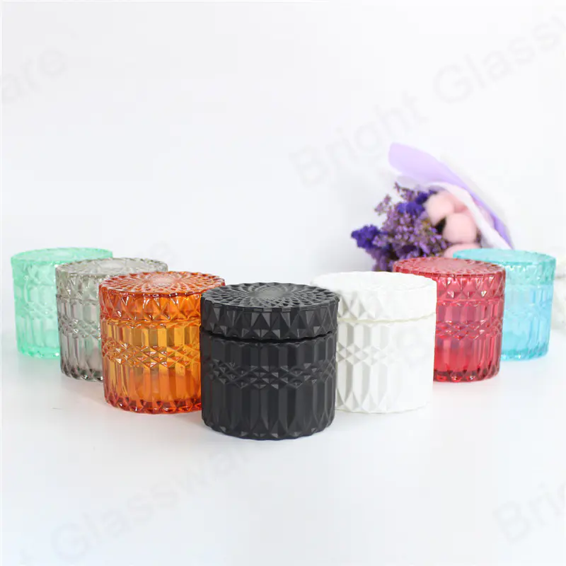 wholesale diamond cut glass storage jar multi colored glass candy jars with flat lid