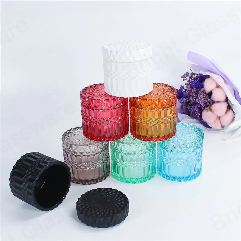 Pot de rangement en verre taillé au diamant en gros Pots de bonbons en verre multicolore avec couvercle plat