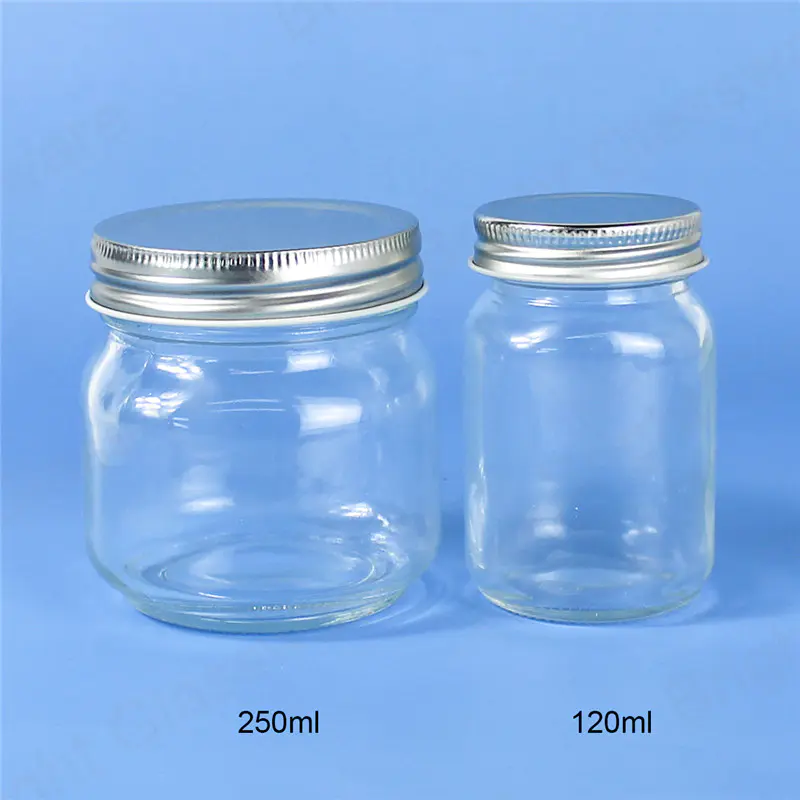 250ml 120ml frascos de conservas de vidrio transparente de boca ancha con tapas de astillas para el almacenamiento de alimentos mermelada