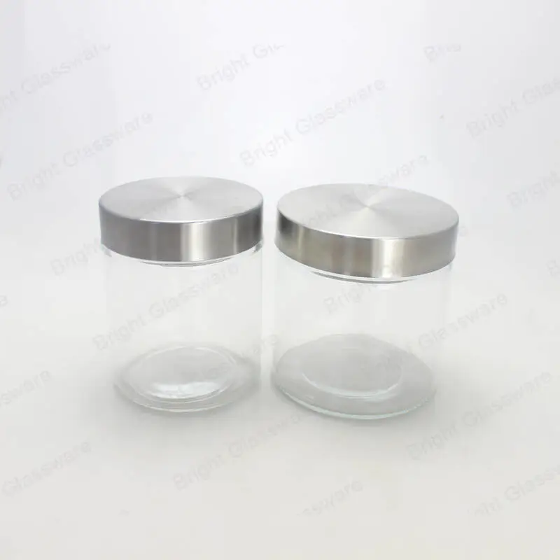 cylindre Bouteille de biscuits au café au sucre scellés Pots de stockage en verre avec couvercles en métal