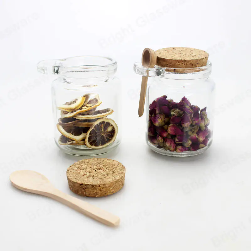 8oz 250ml récipient de stockage de nourriture transparent bocal en verre avec couvercle en liège et cuillère pour fruits secs, épices, sucre