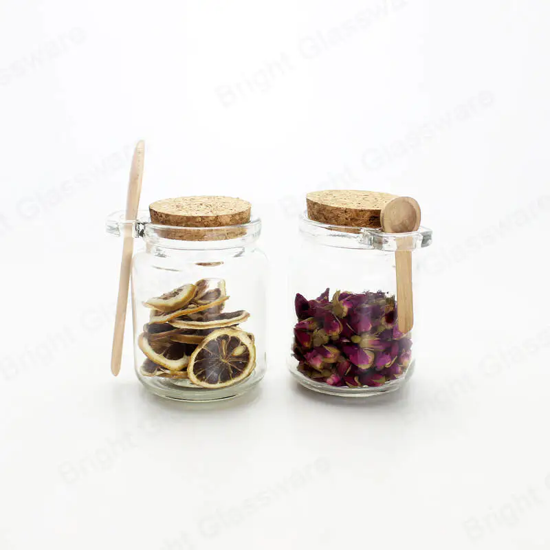 8oz 250ml透明食品储存容器玻璃罐，带软木塞盖和勺子，用于存放干果，香料，糖