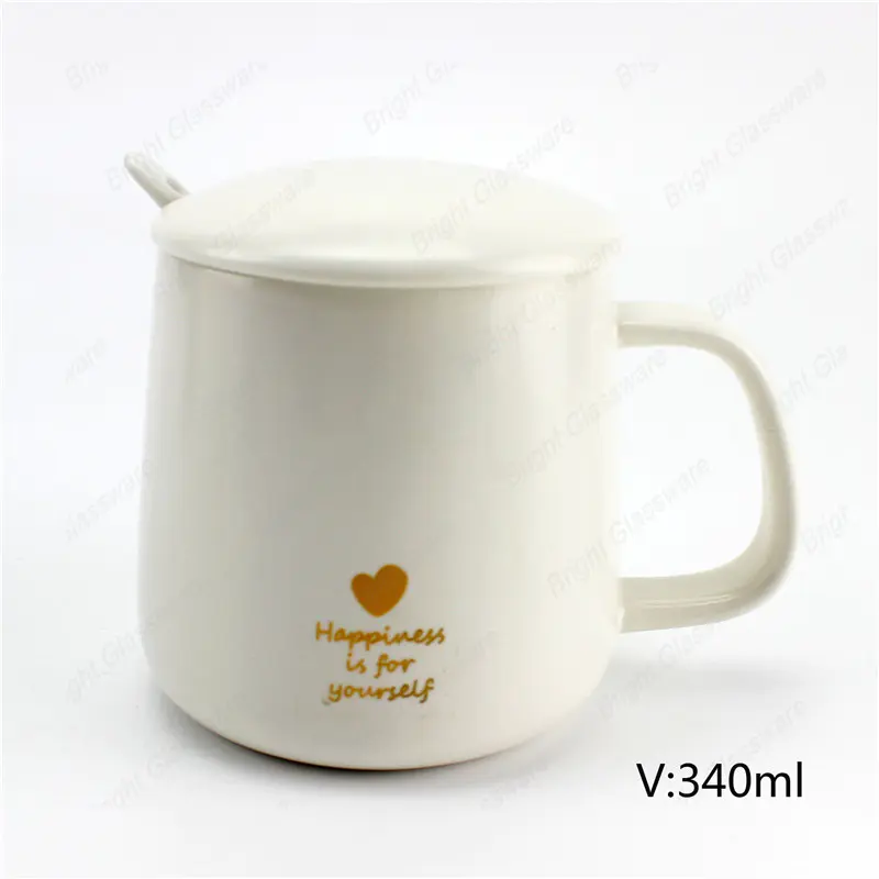  top sale 340ml coffee tea white ceramic mug with lid and spoon 