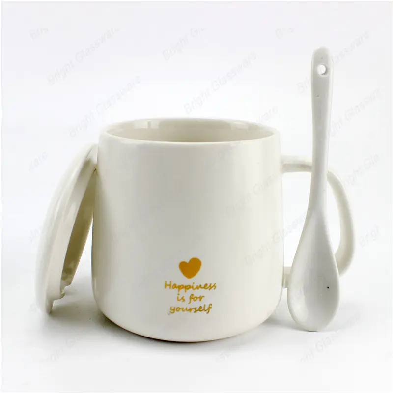 Top Sale 340ml té café taza de cerámica blanca con tapa y cuchara