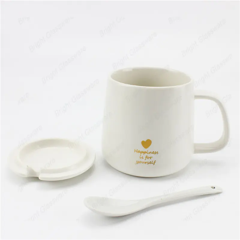 最畅销 340ml 咖啡茶白色陶瓷杯带盖和勺子