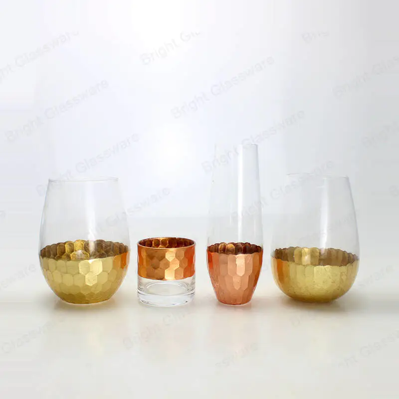 欧式餐桌装饰小玻璃花花瓶透明圆柱玻璃蜡烛花瓶与玫瑰镀金底部