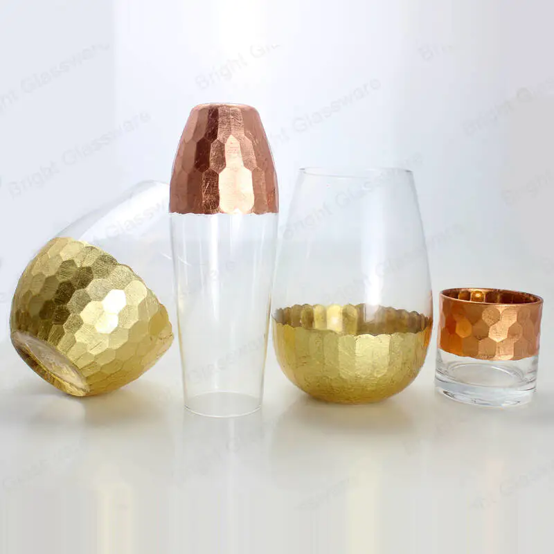 Table à manger européenne décorative petit verre fleurs vase cylindre transparent en verre vase bougie avec fond plaqué or rose