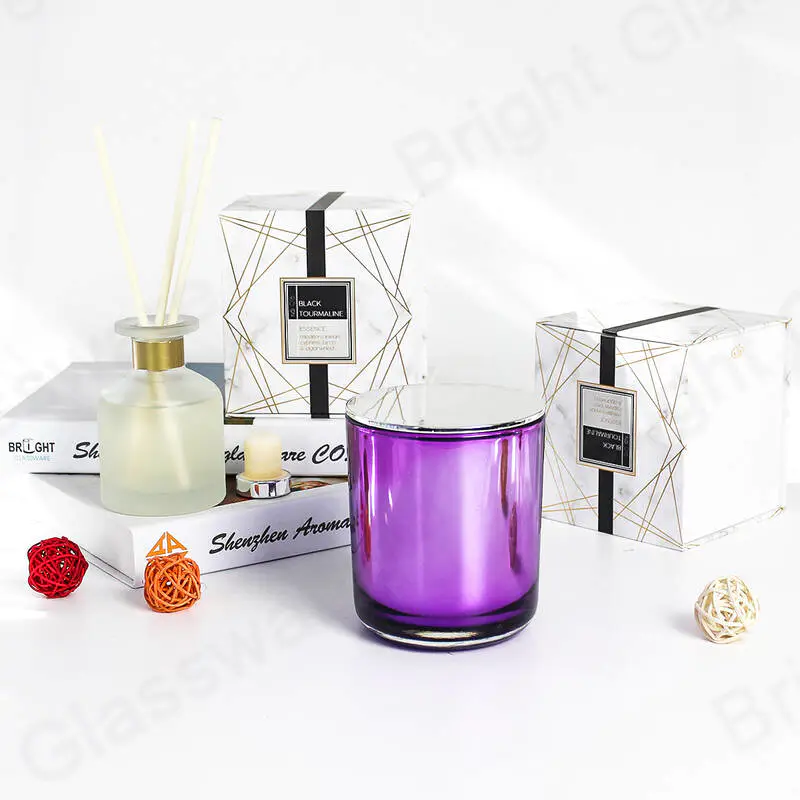 BGC070M luxury round purple color 14oz glass candle jar with lid and handmade packaging box set for holiday gift