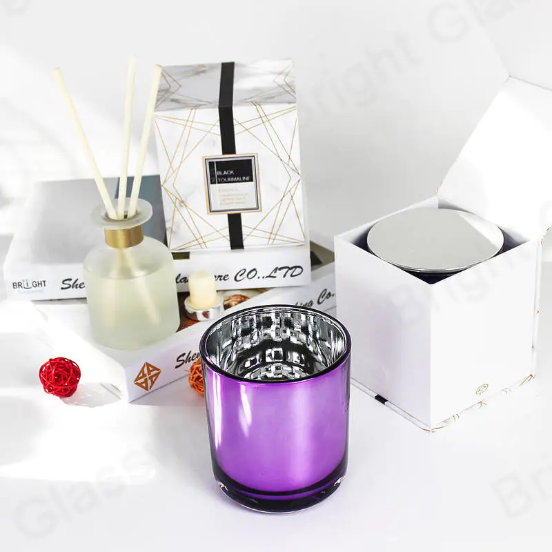 BGC070M جرة شمعة زجاجية فاخرة مستديرة اللون أرجواني 14 أونصة مع غطاء وصندوق تغليف مصنوع يدويا لهدية العيد
