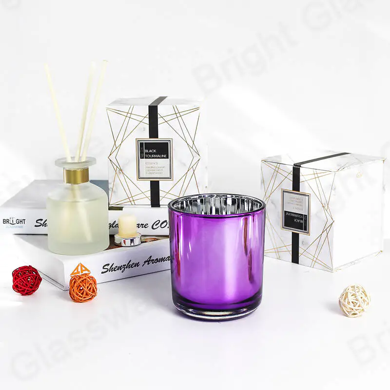 BGC070M luxe rond violet couleur 14oz bocal de bougie en verre avec couvercle et ensemble de boîte d’emballage fait à la main pour cadeau de vacances
