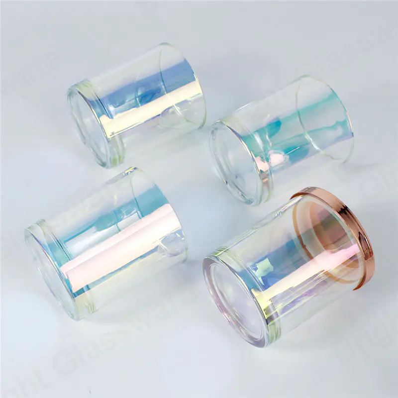10oz verre ion électroplaque iridescente bougies arc-en-ciel pot avec couvercle en or rose