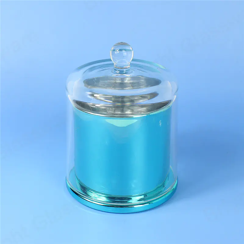Gran cubierta de cristal de lujo de cristal vela cúpula azul de oro rosa tarro de vela con tapa de cúpula de cristal