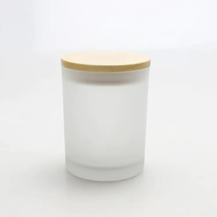 OEM 7oz pillar glass frosted candle jar with wood lid wholesale