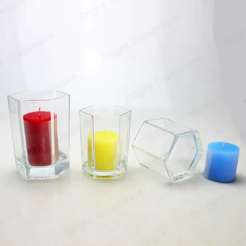 Venta al por mayor de vidrio transparente hexagon candelabro para la decoración de la mesa