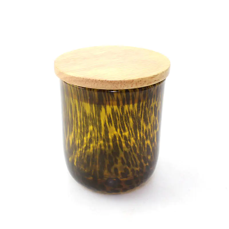 Unique bocal de bougie imprimé léopard en verre ambré avec couvercle en bois ou couvercle en métal