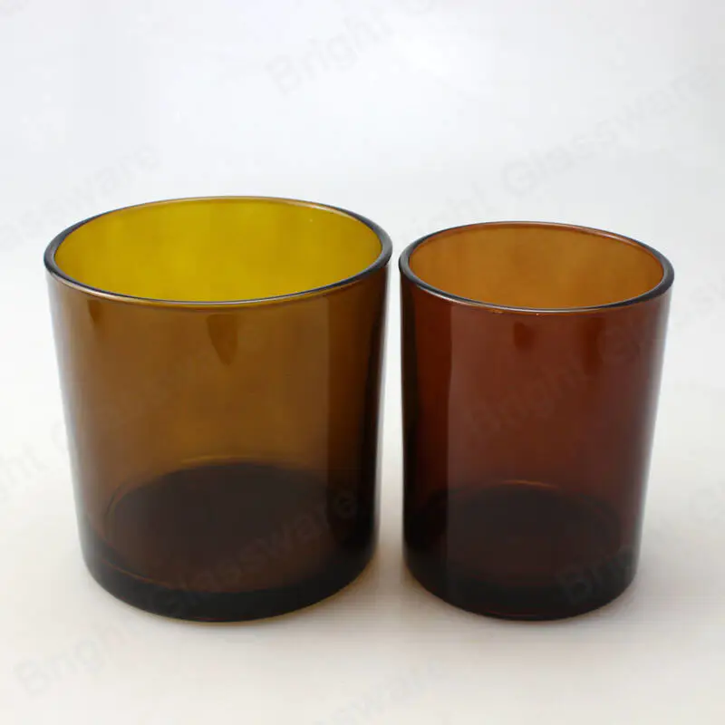 直边 16 oz 9 oz 玻璃琥珀色蜡烛容器，带黑色金属盖或木盖，用于制作蜡烛