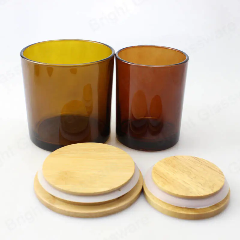 Récipients à bougies en verre ambré de 16 oz à côté droit de 9 oz avec couvercle en métal noir ou couvercle en bois pour la fabrication de bougies