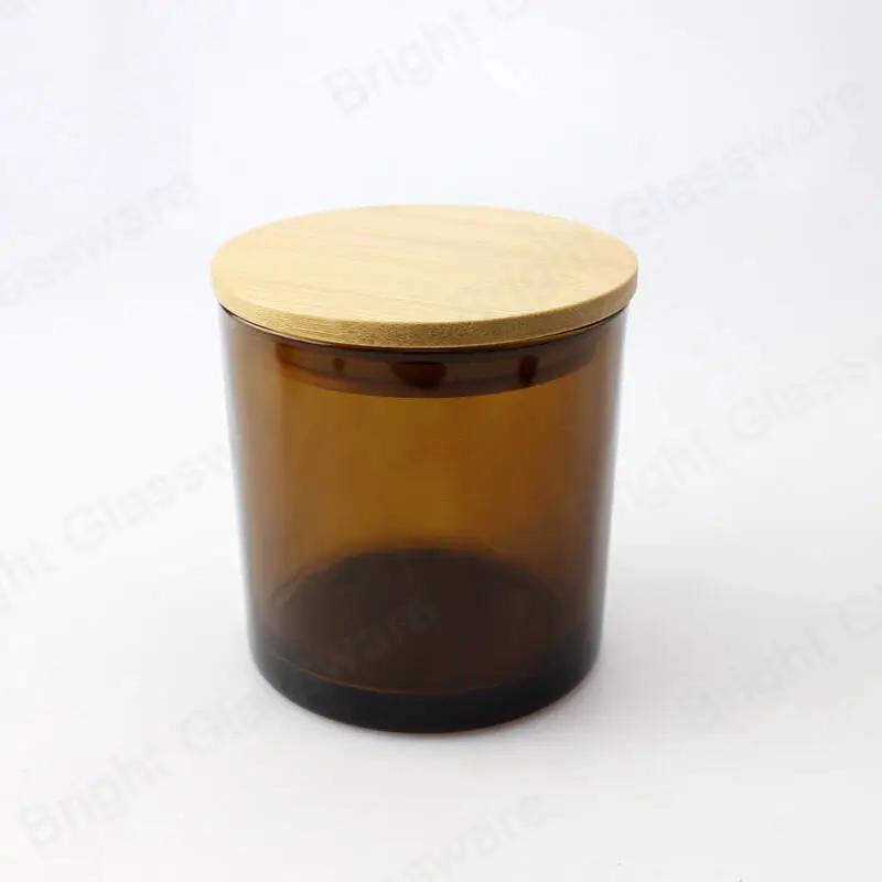 直边 16 oz 9 oz 玻璃琥珀色蜡烛容器，带黑色金属盖或木盖，用于制作蜡烛