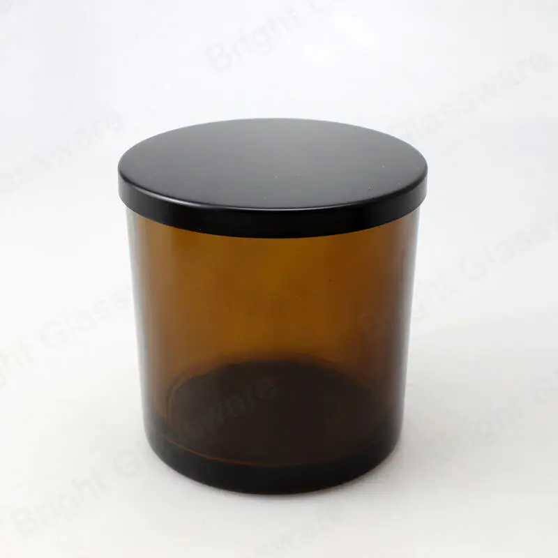 キャンドル作り用の黒い金属蓋または木製の蓋が付いたストレートサイド16オンス9オンスのガラス琥珀色のキャンドル容器