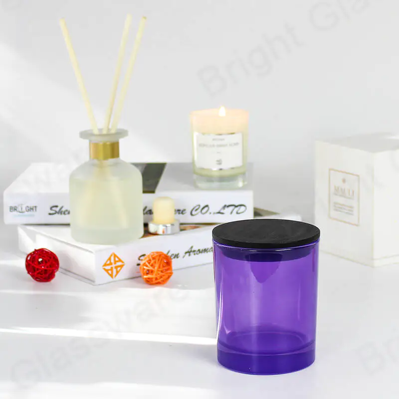 frascos de velas de vidrio púrpura de moda con tapa de madera negra