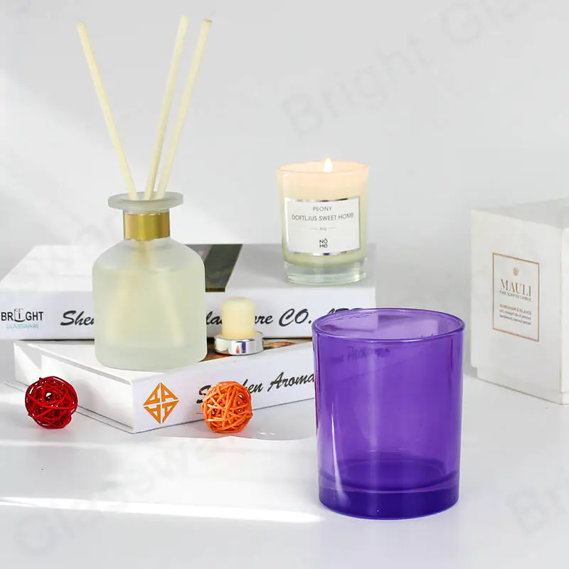 bocaux de bougies en verre violet à la mode avec couvercle en bois noir