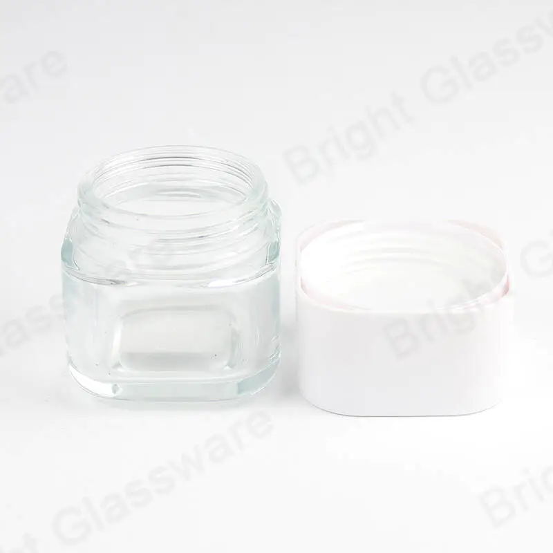 vente en gros pots cosmétiques en verre carré transparent avec couvercle blanc