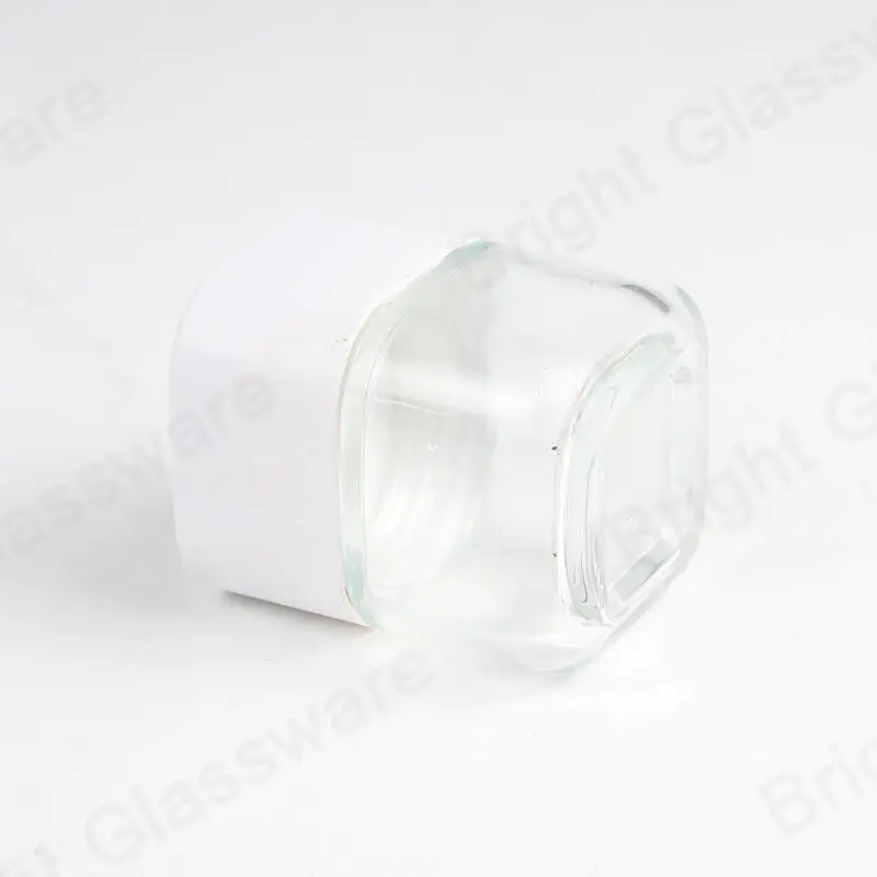 批发透明方形玻璃化妆品罐，带白色盖子